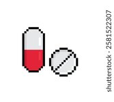 pixel pills  icon.  Vector pixel art medicine 8 bit logo for game