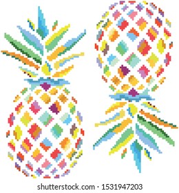 Pixel pineapple illustration, typography, t-shirt graphics, vectors. Tropical fruits isolated. Pixel art, 8 bit. 