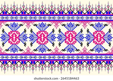 Pixel pink and blue color abstract textile art on cream background. Design for Fabric Rustic , National costume detail , carpet, curtains, Scarf, clothing Vector pattern, print  seamless style.