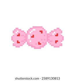 Pixel pink candy adorned with heart shapes. Hand drawn vector illustration.