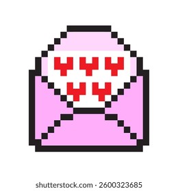 Pixel pink envelope. Red hearts letter. Romantic mail symbol. Vector love concept.