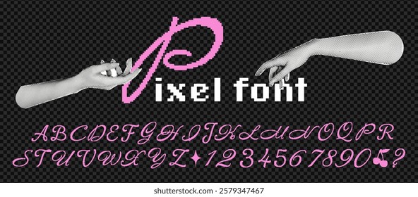 Pixel pink font set in 8-bit retro style with alphabet and numbers at the transparent background. Vector typography for 80s and 90s arcade games, vintage computer text, and digital comic titles.