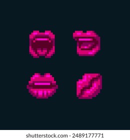 Conjunto de iconos de labios brillantes de color rosa. Boca de mujer. Diseño de punto. Pixel art. Ilustración vectorial aislada sobre negro. Estilo gráfico de la vieja escuela.