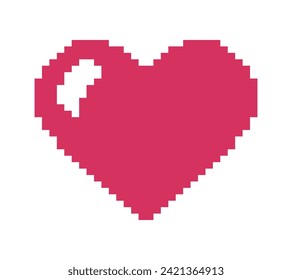 Pixel pink heart art. Symbol of Love consists of square. Health icon in 8-bit game. Cupid, passion, like. Valentine Day. Isolated element. Video Game UI, User Interface. Color Vector illustration