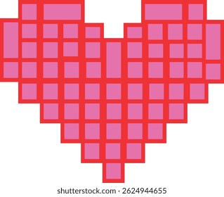 Pixel pink heart. Pink and read heart made of tiny blocks. Pink bloks with soft red strokes