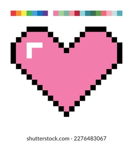 Pixel pink heart. Squares of different colors to compose a pixelated image. Bright heart on a white background