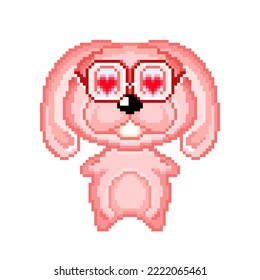 Conejo rosado de píxeles. Icono de píxeles. Caricatura hermosa conejita con gafas. Conejo enamorado.
