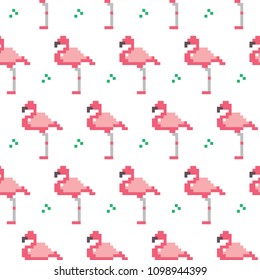 Pixel pink seamless pattern flamingo