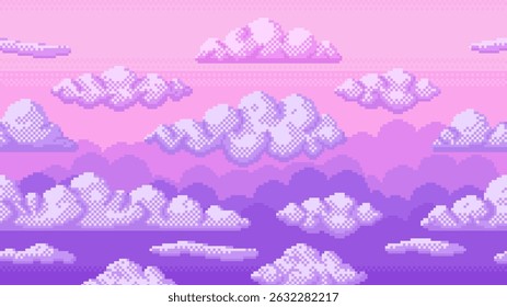 Pixel pink sky. Seamless 8 bit dreamy violet sky with clouds and purple sunset gradient. Peaceful dreamy landscape vector game background in 80s vaporwave nostalgic style.
