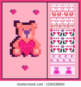 Pixel pink teddy bear from plastic parts with heart and winter pixel motives seamless backgrounds. pink and blue colors. Ideal for Valentines Days greeting card
