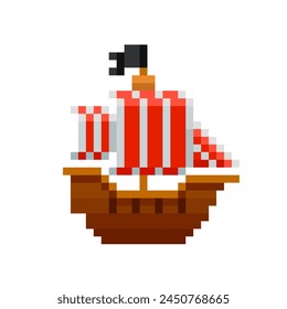 Pixel Pirate Ship icon or sailing frigate with red stripes - editable vector symbol in retro game style isolated on white background