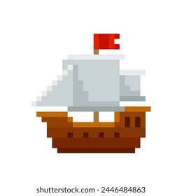 Pixel Pirate Ship or sailing frigate - editable vector in retro game style isolated on white background