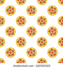 Pixel pizza seamless pattern. 8-bit pizza with salami. Pixel art fast food icon in flat design. Pizza sign in retro style. Design for fabric, wallpaper, wrapping paper, packing. Vector illustration