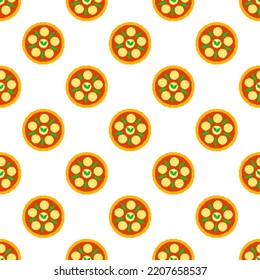 Pixel pizza seamless pattern. 8-bit pizza margherita. Pixel art fast food icon in flat design. Pizza sign in retro style. Design for fabric, wallpaper, wrapping paper, packing. Vector illustration