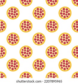 Pixel pizza seamless pattern. 8-bit pizza pepperoni. Pixel art fast food icon in flat design. Pizza sign in retro style. Design for fabric, wallpaper, wrapping paper, packing. Vector illustration