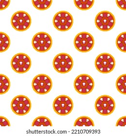 Pixel pizza seamless pattern. 8-bit pizza colored. Pixel art fast food icon in flat design. Pizza sign in retro style. Design for fabric, wallpaper, wrapping paper, packing. Vector illustration