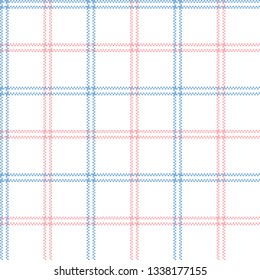 Pixel plaid pattern vector in blue, pink, and white. Seamless tartan check plaid for textile design.