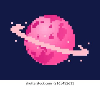 Pixel planet concept. Sticker for social media in retro style. Pink bright space body with circle. Exploration of galaxies, science in space. Astronomy and astrology. Cartoon flat vector illustration