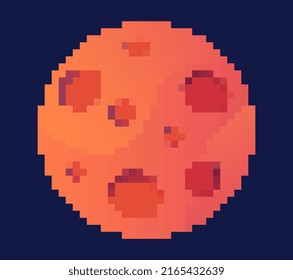 Concepto del planeta Pixel. Pegatina para los medios sociales en estilo retro. Satélite, marte y planeta naranja. Exploración del espacio, galaxias y universo. Astronomía y astrología. Dibujo vectorial plano de dibujos animados