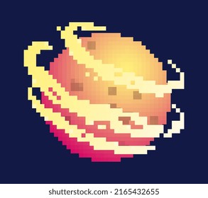 Pixel planet concept. Sticker for social media in retro style. Orange planet with satellite and ring, astronomy and astrology. Exploration of galaxy and universe. Cartoon flat vector illustration