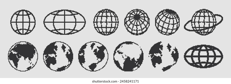 Pixel planet for design in y2k style. Retro futuristic elements. Globe sign in techno style. Vector illustration.