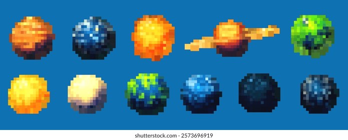 Pixel planet vector set with 8bit galaxy and space elements. Includes moon, sun, earth, and Saturn icons for solar system illustrations. 