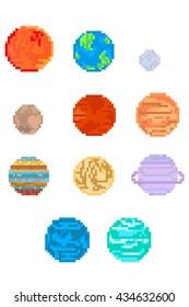 Pixel planets. Pixel art. Solar system. Vector illustration.
