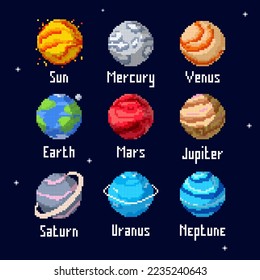 Pixel planets vector set. Solar system planets: Mercury, Venus, Earth, Mars, Jupiter, Saturn, Uranus, Neptune, Pluto. Pixel art style vector illustration.