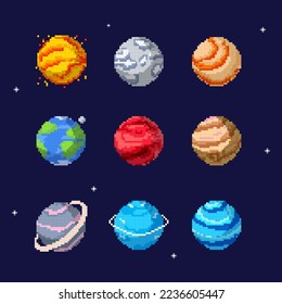 Pixel planets vector set. Solar system planets: Mercury, Venus, Earth, Mars, Jupiter, Saturn, Uranus, Neptune, Pluto. Pixel art style vector illustration.