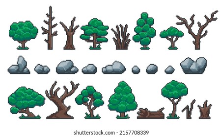 Pixel plants and stones. Retro 8 bit video game sprite assets of rocks, forest and park trees, logs, trunk and stump. Vector isolated set. Illustration of trunk game pixel