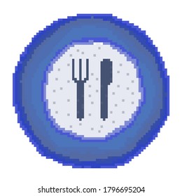 Pixel plate is blue. Plate has symbols fork and knife. 