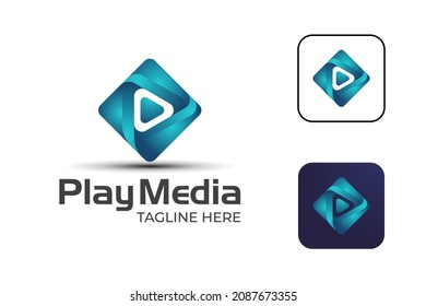 pixel play media logo design with button icon, symbol for studio music, video player multimedia gradient icon