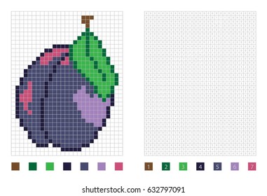 Pixel plum in the coloring page with numbered squares, vector illustration