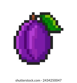 Pixel plum isolated on white background. Pixelated sticker. Slot machine or video game item. Fruit icon. Vector pixel art illustration in 8 bit old style.