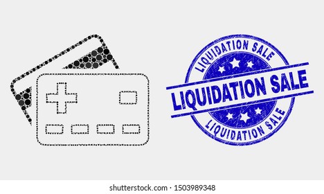 Pixel plus bank cards mosaic pictogram and Liquidation Sale seal stamp. Blue vector rounded grunge stamp with Liquidation Sale phrase. Vector collage in flat style.