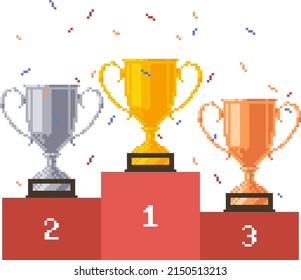 Pixel podium with trophy cups. Goblets on pedestal. Vector illustration.