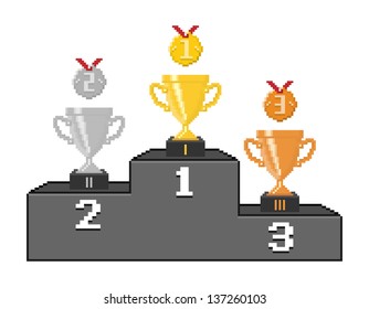 Pixel podium with trophy cups and medals. Vector illustration.