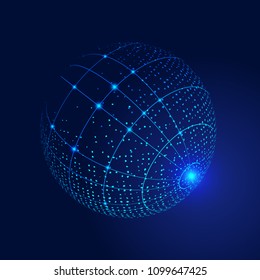 Pixel point, lines composition 3d luminescent sphere, abstract vector planet, implies globalization, internationalization, scientific and technological concepts