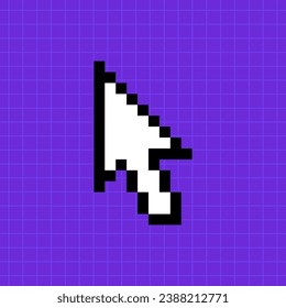 Pixel pointer of a computer mouse on a bright purple background. Arrow icon, illustration in 8-bit retro game style, controller.