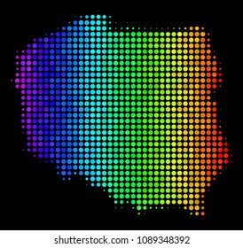 Pixel Poland map. Halftone territory scheme in spectral color tints with horizontal gradient on a black background. Vector composition of Poland map done of filled spheres.