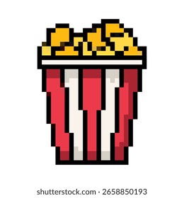 Pixel pop corn icon Vector. Perfecto para temas de cine, anuncios de bocadillos o imágenes de entretenimiento. Este gráfico captura la Imagen clásica de las palomitas de maíz, lo que significa diversión y ocio.
