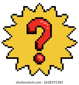 Pixel pop question vector with retro 8-bit style in a burst shape for FAQ icons, support design, quiz game, or help section layout. Ideal for fun digital, app, and retro UI interface designs.