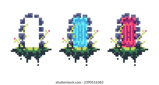 Pixel portals set. Magic fantasy glowing door icons, 8 bit video game asset sprite rpg elements. Vector collection