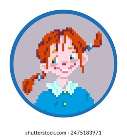 Pixel portrait of a cheerful red-haired teenage girl in a round frame on an isolated white background.