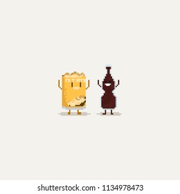 Pixel potato chip and cola hands up.Friendship day.8bit character.