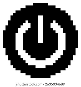 Vetor de ícone de botão liga/desliga de pixel para a interface do usuário, menu Iniciar ou símbolos de desligamento digital. Ideal para telas de tecnologia, aplicativos, eletrônicos e projetos de IU retro com temas pixelados.