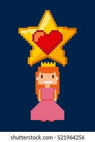 pixel princess character and star and heart shape over blue background. videogame interface concept. colorful design. vector illustration