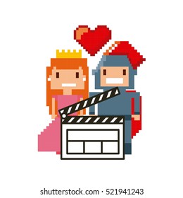 pixel princess and knight videogame characters with clapboard over white background. vector illustration