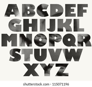 Pixel print font, monochrome vector symbols alphabet.