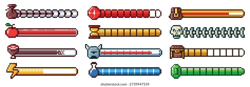Pixel progress bar. 8bit 80s arcade game status indicator, rpg gaming pixelated UI. Health meter, energy level, hourglass and food symbols. Emerald, helmet and treasures chest, skull. Vector set.